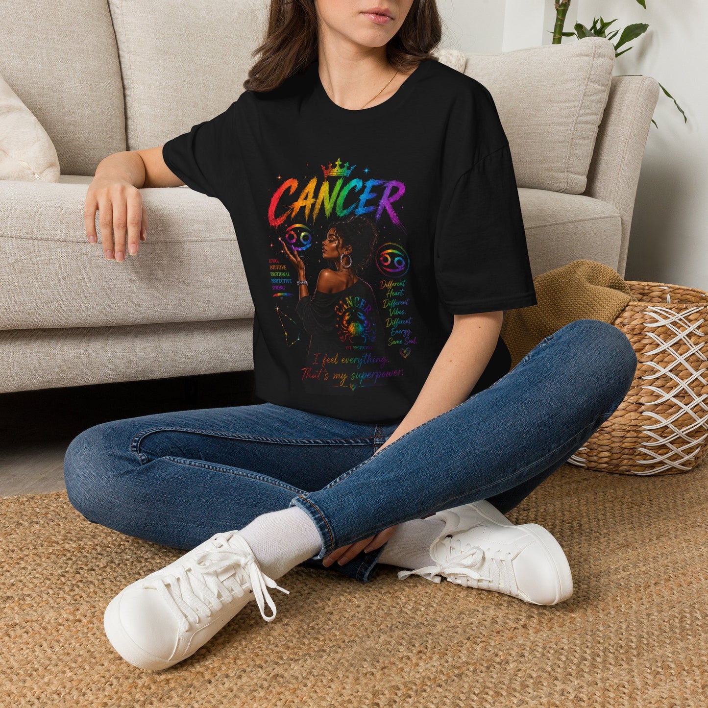 Cancer Zodiac T-Shirt — Rainbow Astrology Sign with Silhouette