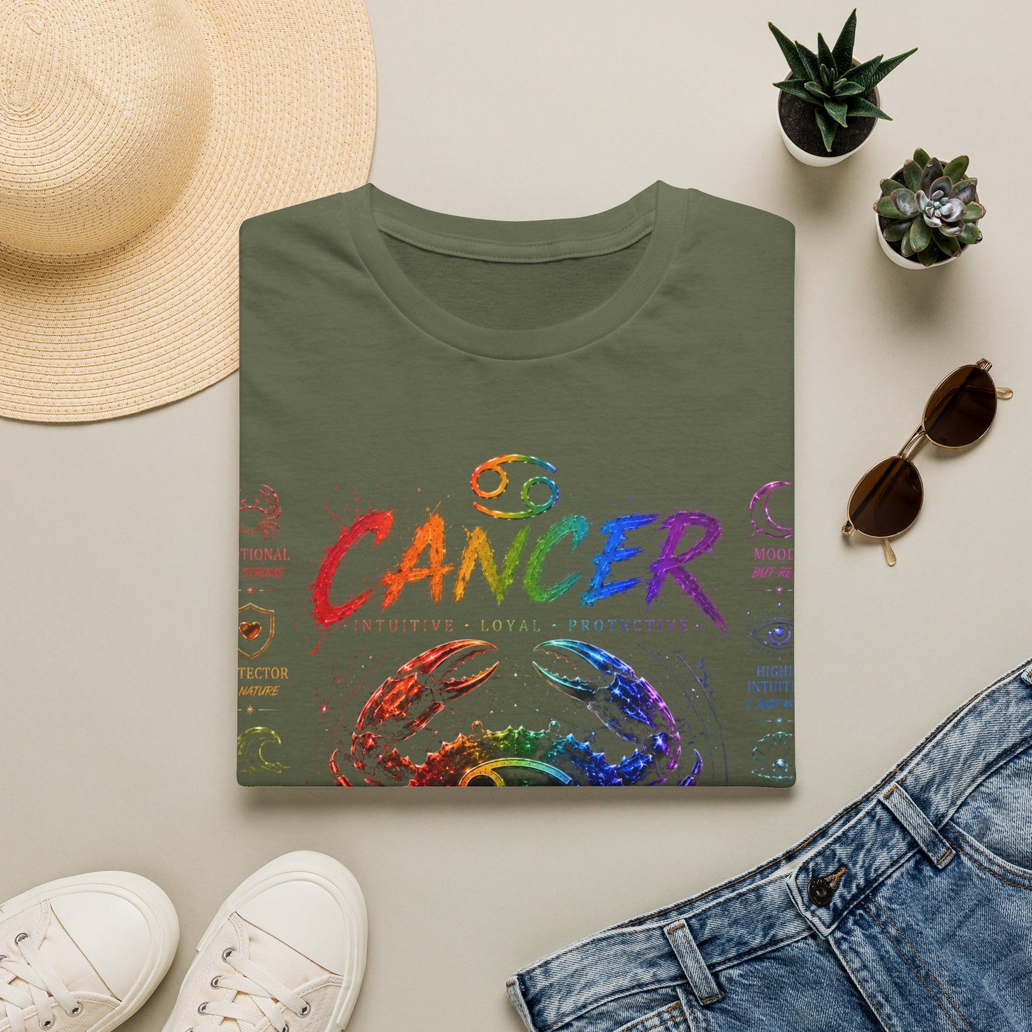 Cancer Zodiac T-Shirt — Rainbow Crab Astrology Tee (Feel Everything • Love Deep • Protect Hard)