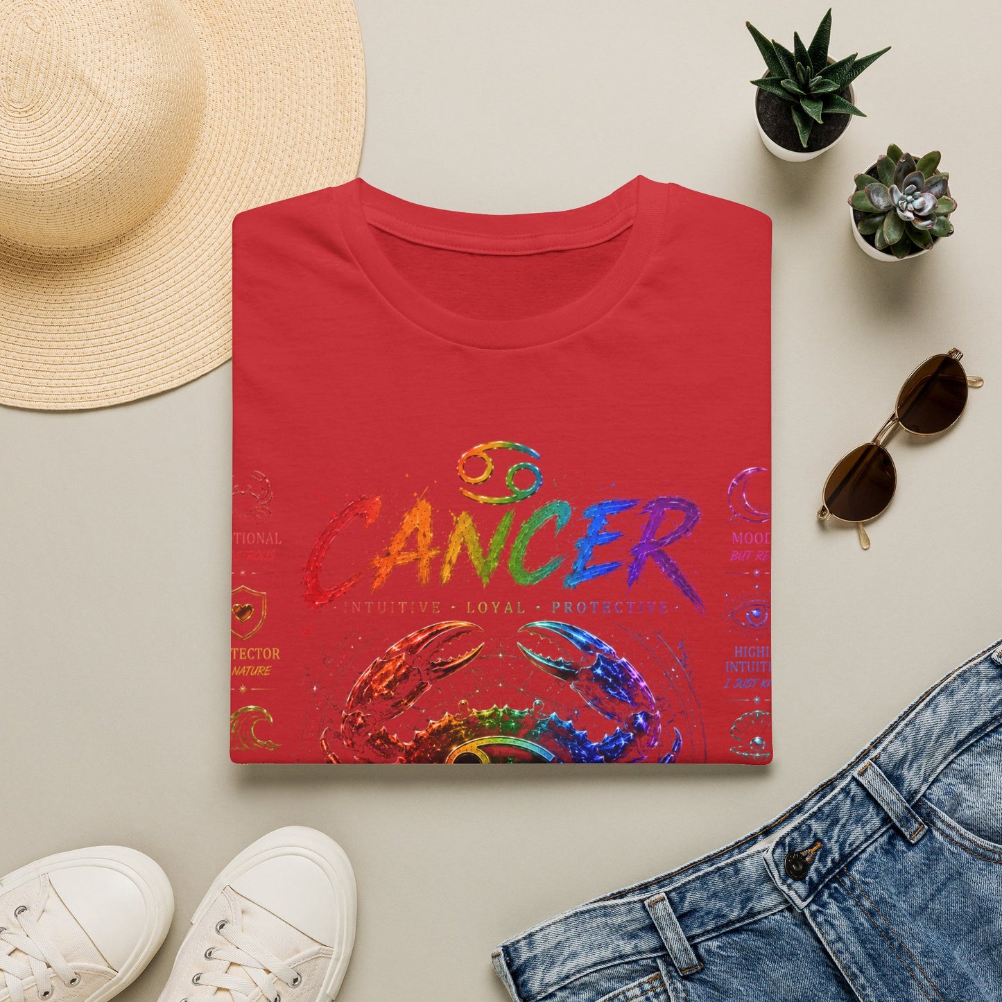 Cancer Zodiac T-Shirt — Rainbow Crab Astrology Tee (Feel Everything • Love Deep • Protect Hard)