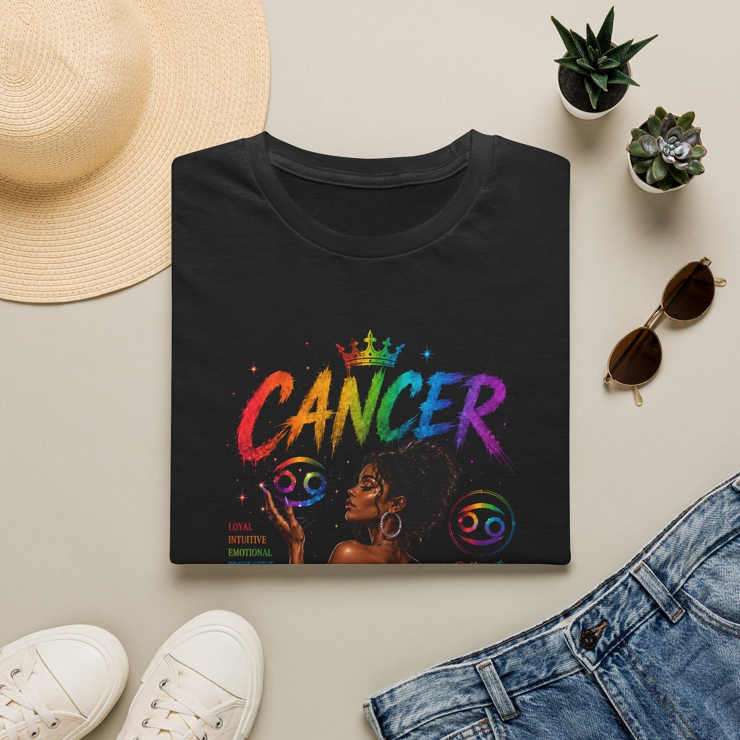 Cancer Zodiac T-Shirt — Rainbow Astrology Sign with Silhouette