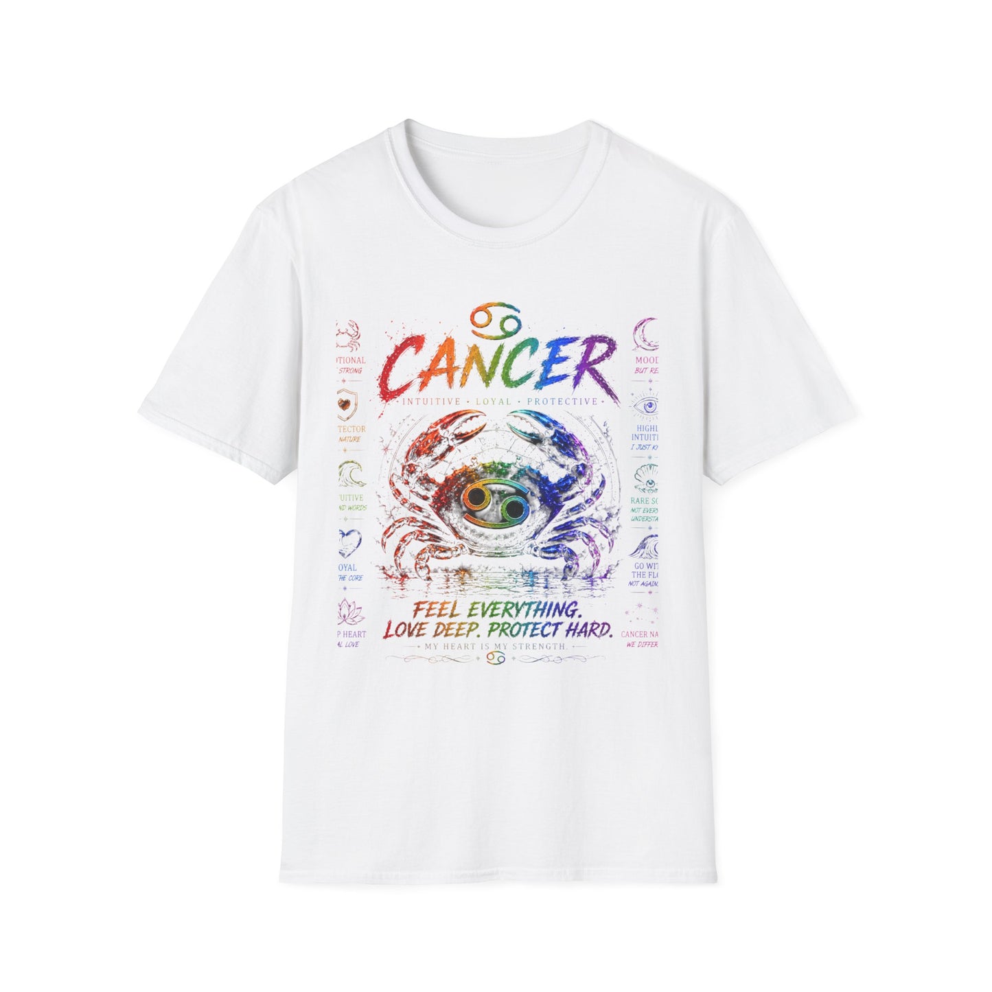 Cancer Zodiac T-Shirt — Rainbow Crab Astrology Tee (Feel Everything • Love Deep • Protect Hard)