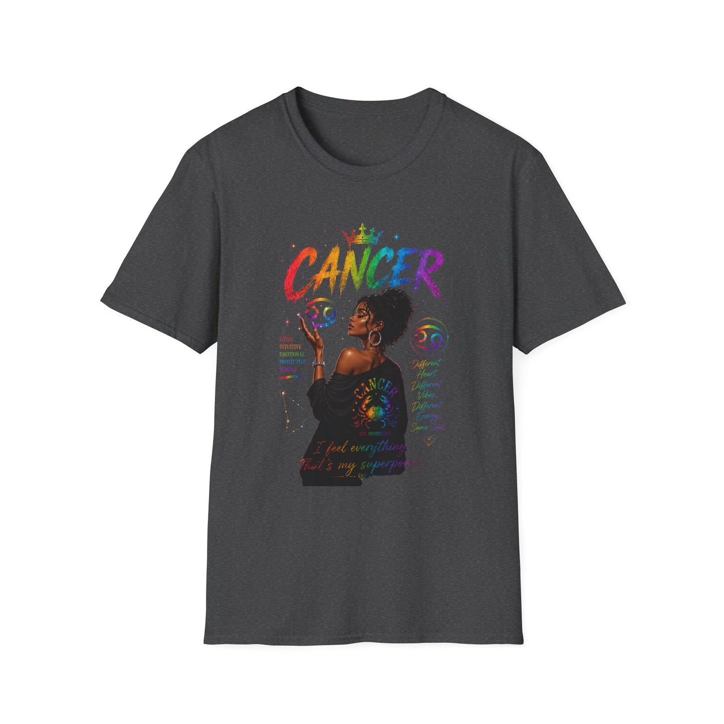 Cancer Zodiac T-Shirt — Rainbow Astrology Sign with Silhouette