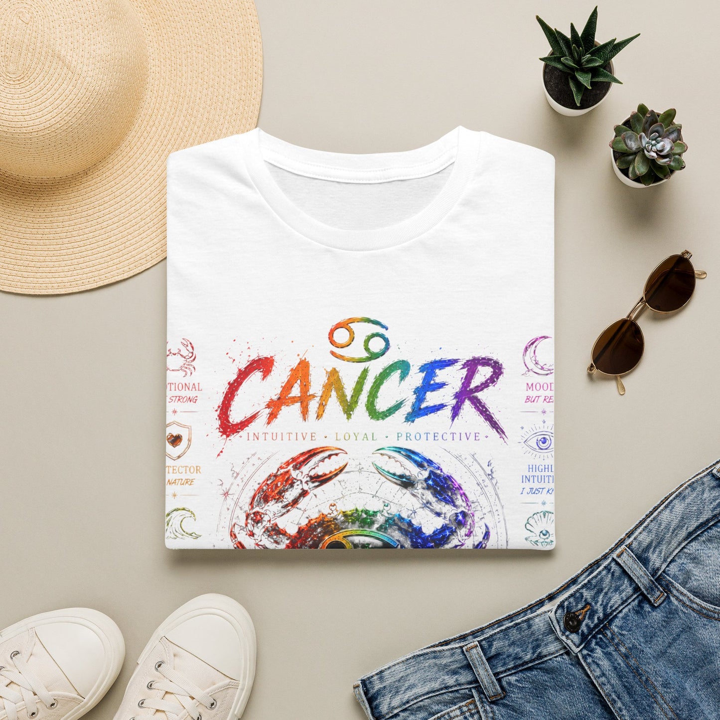 Cancer Zodiac T-Shirt — Rainbow Crab Astrology Tee (Feel Everything • Love Deep • Protect Hard)