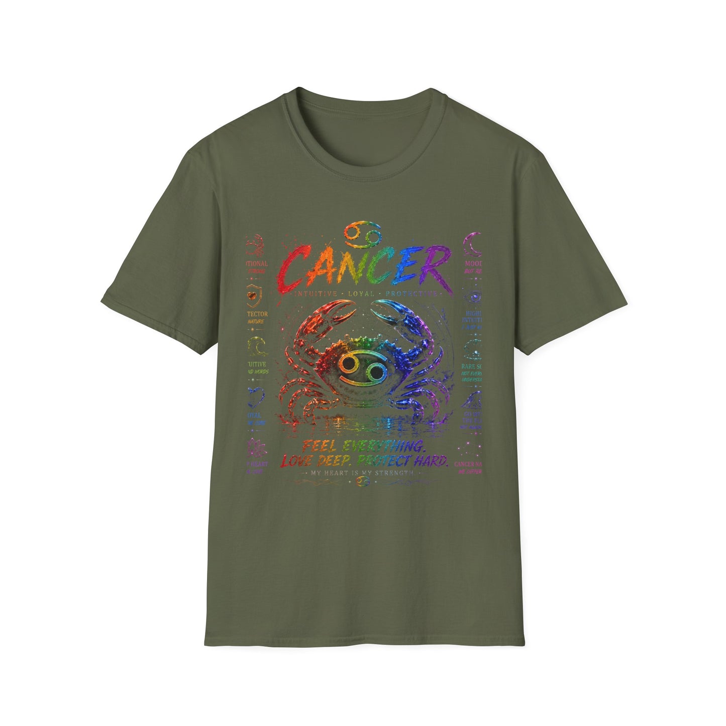 Cancer Zodiac T-Shirt — Rainbow Crab Astrology Tee (Feel Everything • Love Deep • Protect Hard)
