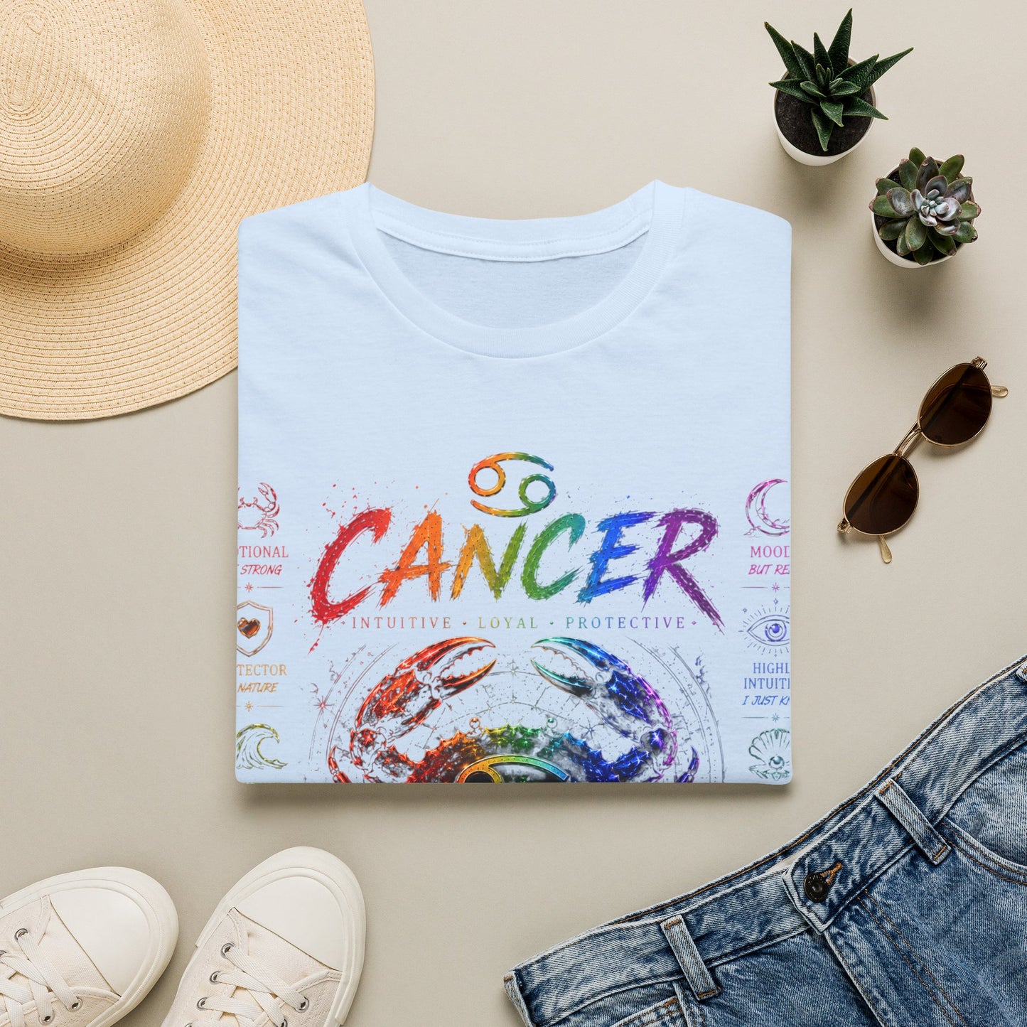 Cancer Zodiac T-Shirt — Rainbow Crab Astrology Tee (Feel Everything • Love Deep • Protect Hard)