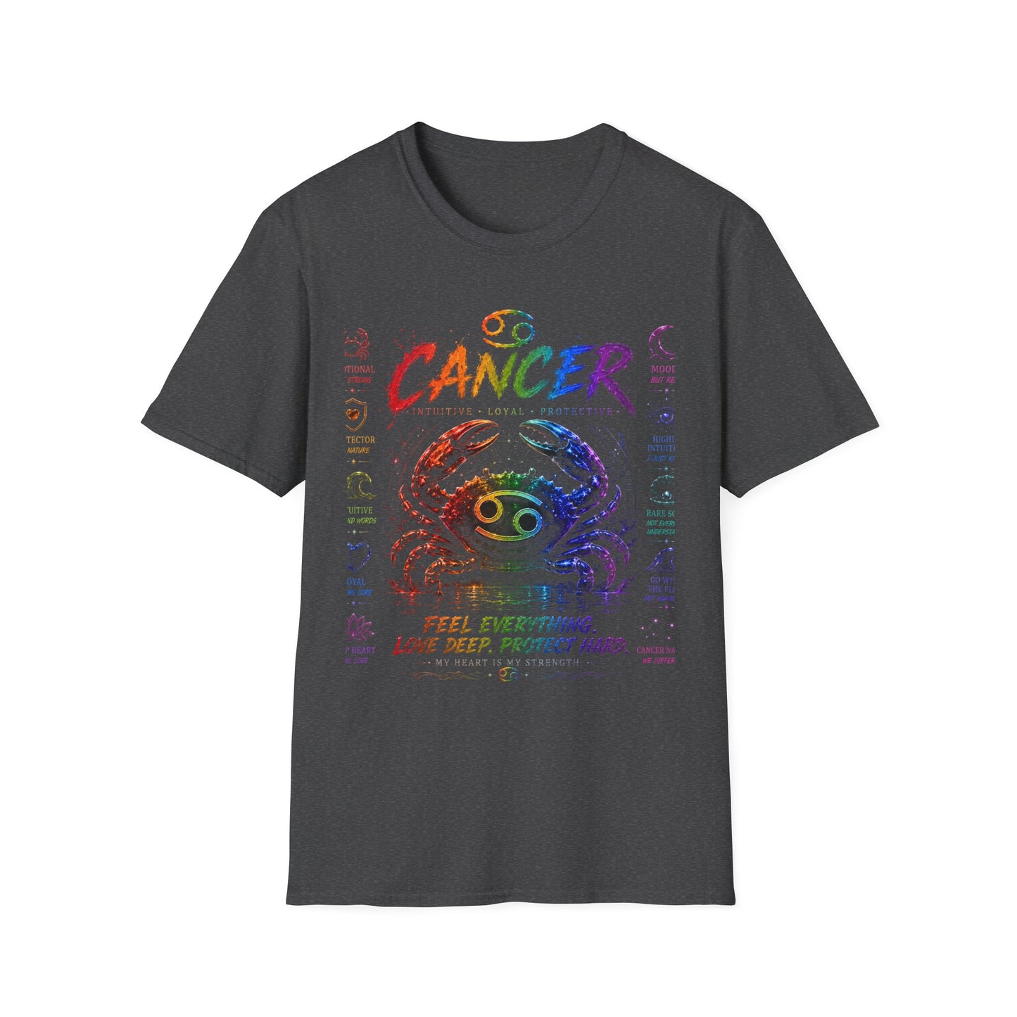 Cancer Zodiac T-Shirt — Rainbow Crab Astrology Tee (Feel Everything • Love Deep • Protect Hard)