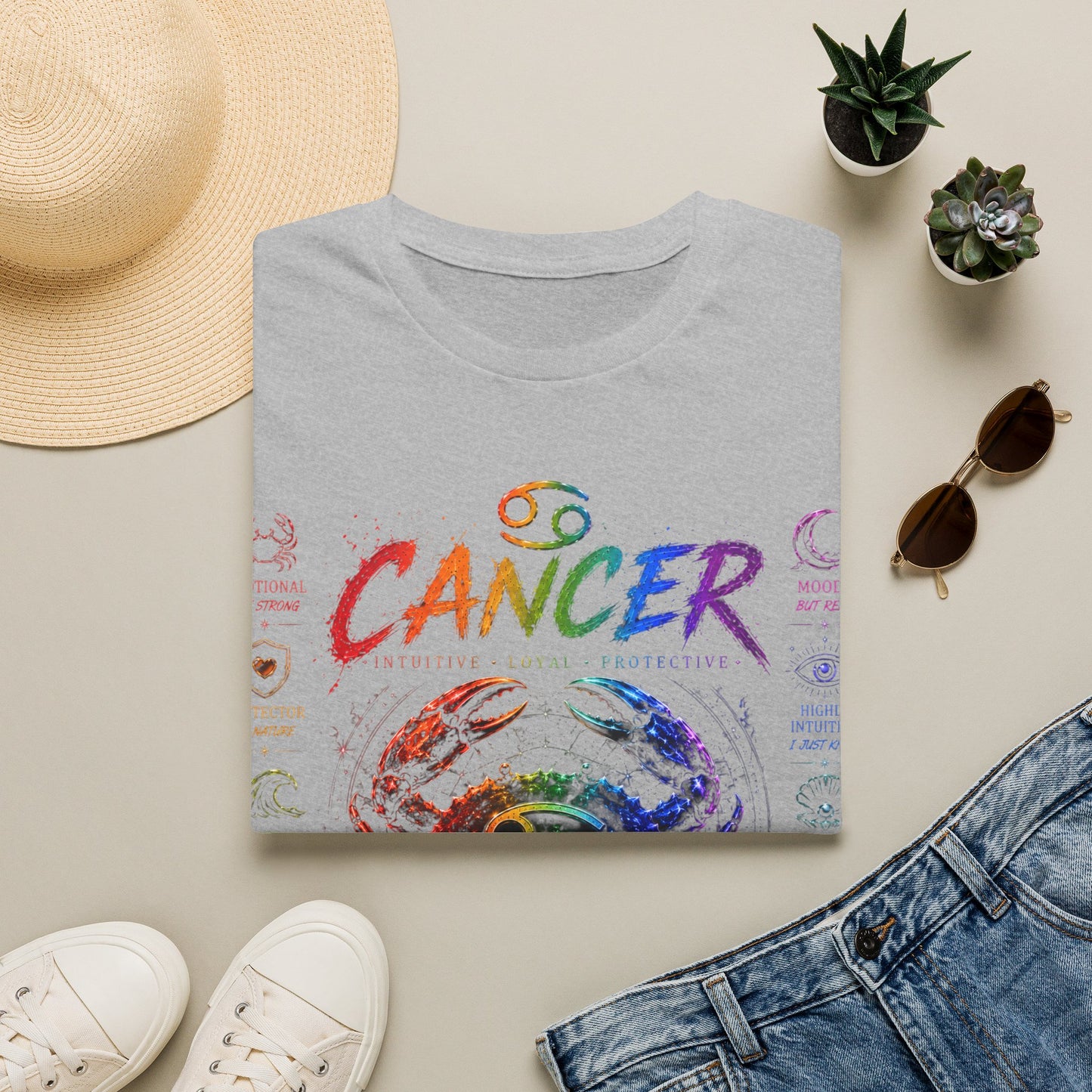 Cancer Zodiac T-Shirt — Rainbow Crab Astrology Tee (Feel Everything • Love Deep • Protect Hard)