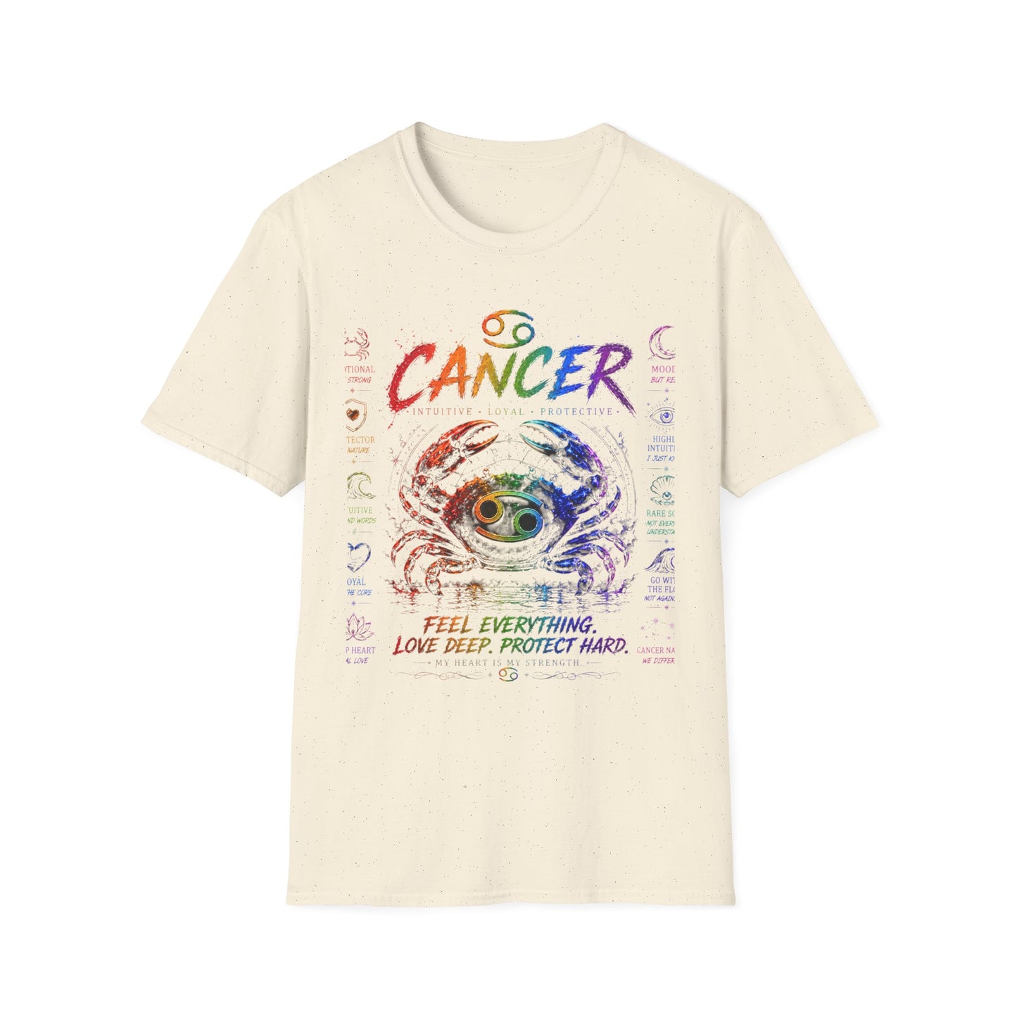 Cancer Zodiac T-Shirt — Rainbow Crab Astrology Tee (Feel Everything • Love Deep • Protect Hard)