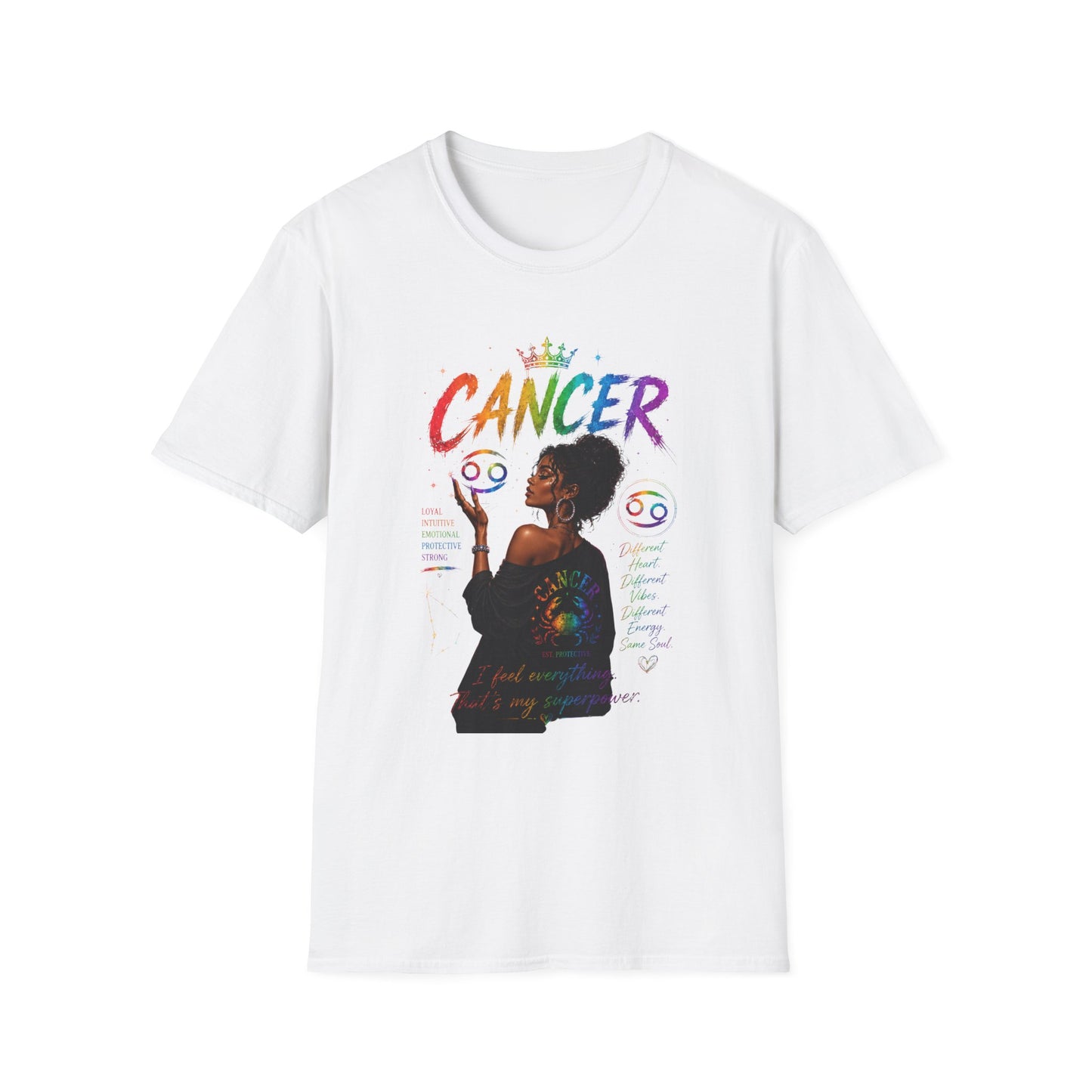 Cancer Zodiac T-Shirt — Rainbow Astrology Sign with Silhouette