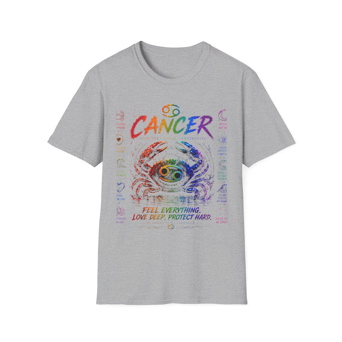 Cancer Zodiac T-Shirt — Rainbow Crab Astrology Tee (Feel Everything • Love Deep • Protect Hard)