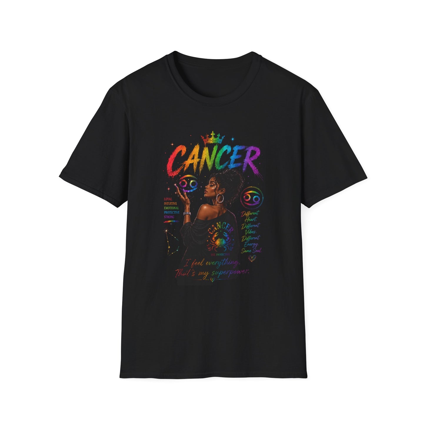 Cancer Zodiac T-Shirt — Rainbow Astrology Sign with Silhouette