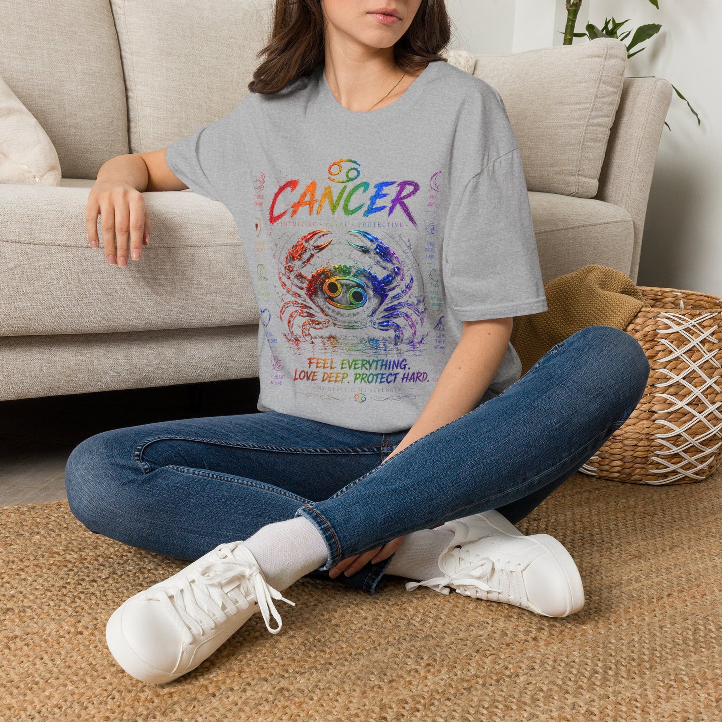Cancer Zodiac T-Shirt — Rainbow Crab Astrology Tee (Feel Everything • Love Deep • Protect Hard)