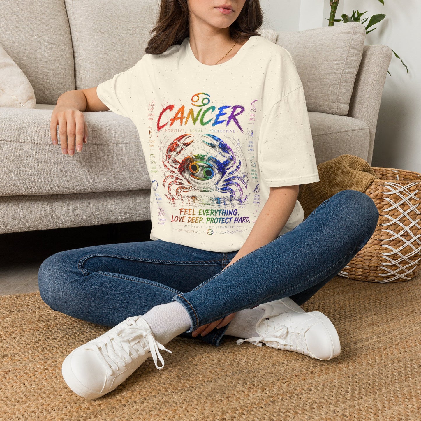 Cancer Zodiac T-Shirt — Rainbow Crab Astrology Tee (Feel Everything • Love Deep • Protect Hard)