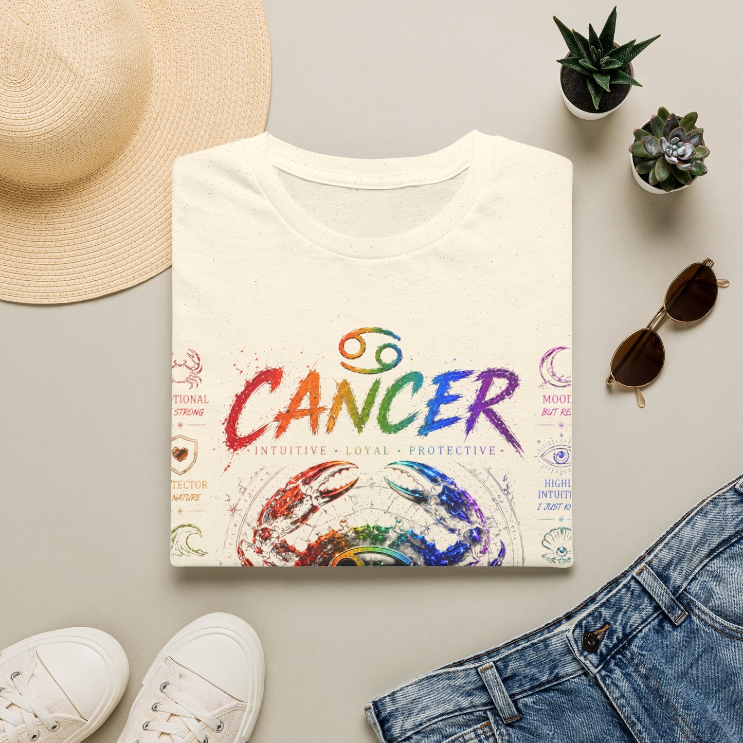 Cancer Zodiac T-Shirt — Rainbow Crab Astrology Tee (Feel Everything • Love Deep • Protect Hard)
