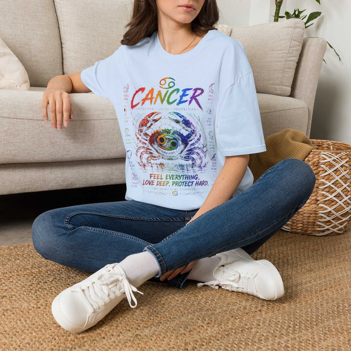 Cancer Zodiac T-Shirt — Rainbow Crab Astrology Tee (Feel Everything • Love Deep • Protect Hard)