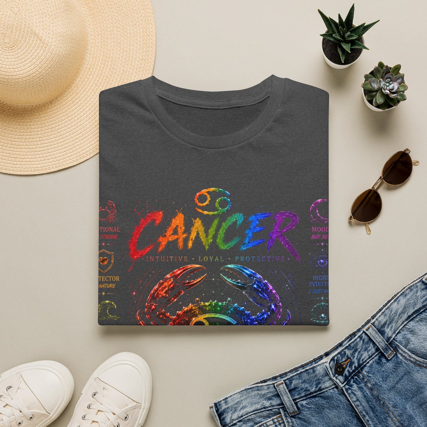 Cancer Zodiac T-Shirt — Rainbow Crab Astrology Tee (Feel Everything • Love Deep • Protect Hard)