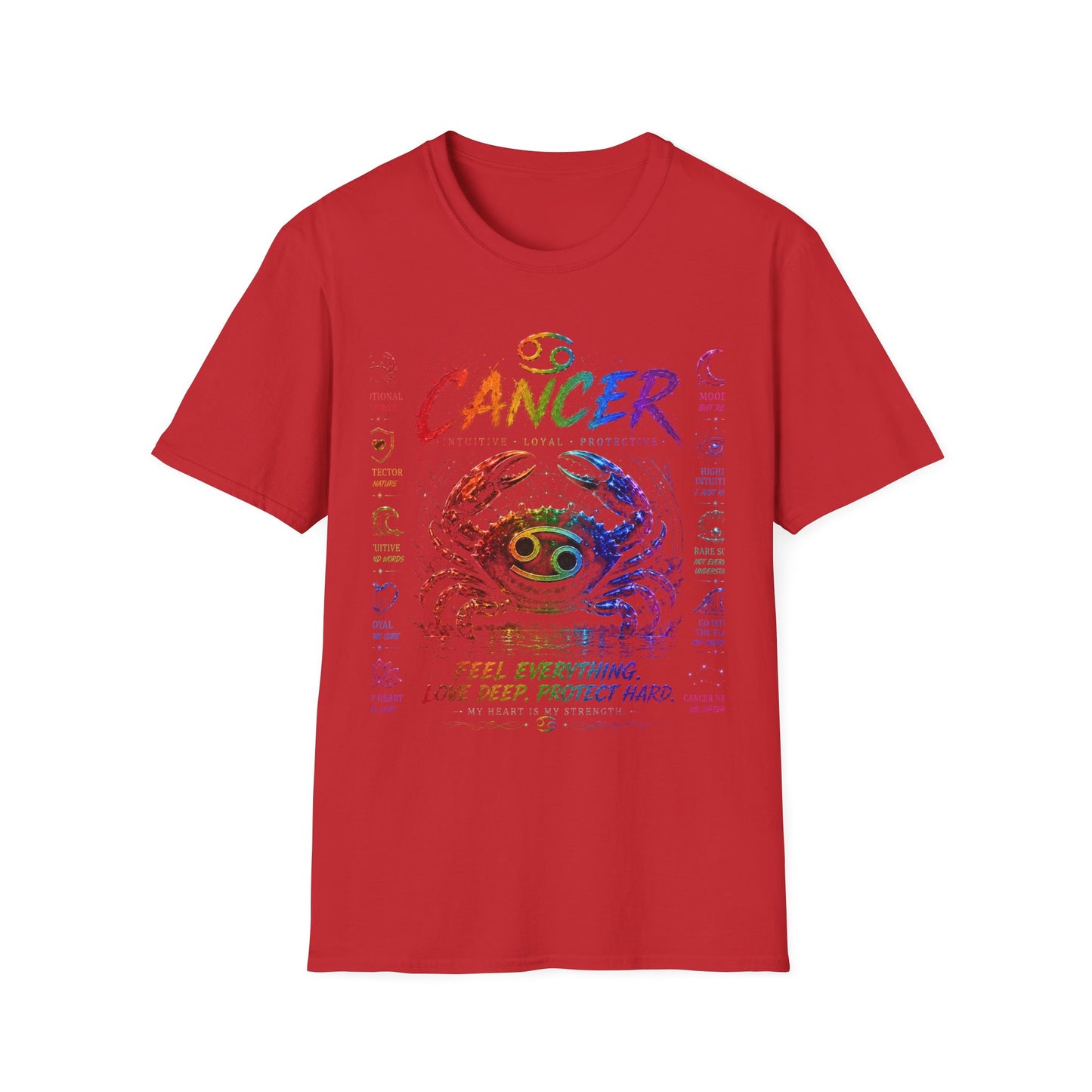 Cancer Zodiac T-Shirt — Rainbow Crab Astrology Tee (Feel Everything • Love Deep • Protect Hard)