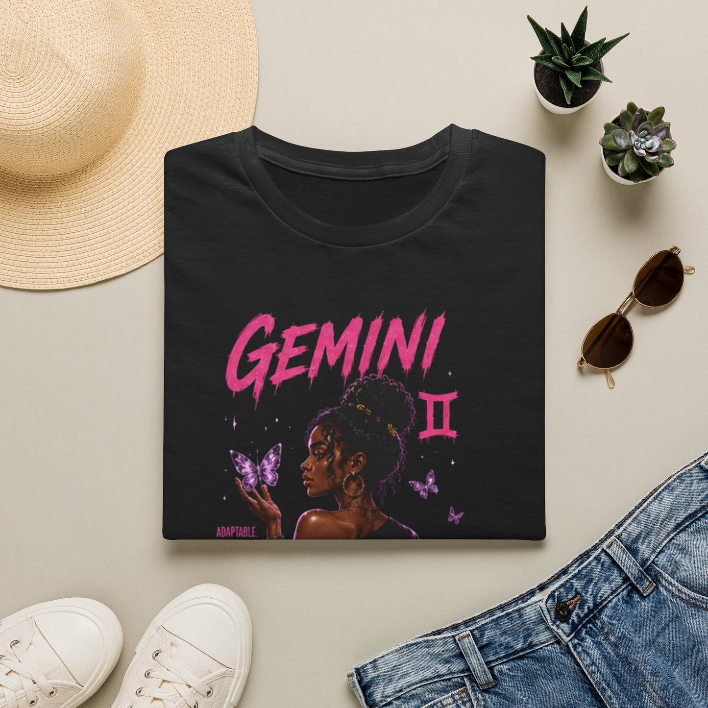 Gemini Zodiac T-Shirt — Black Girl Astrology Tee with Butterfly Art