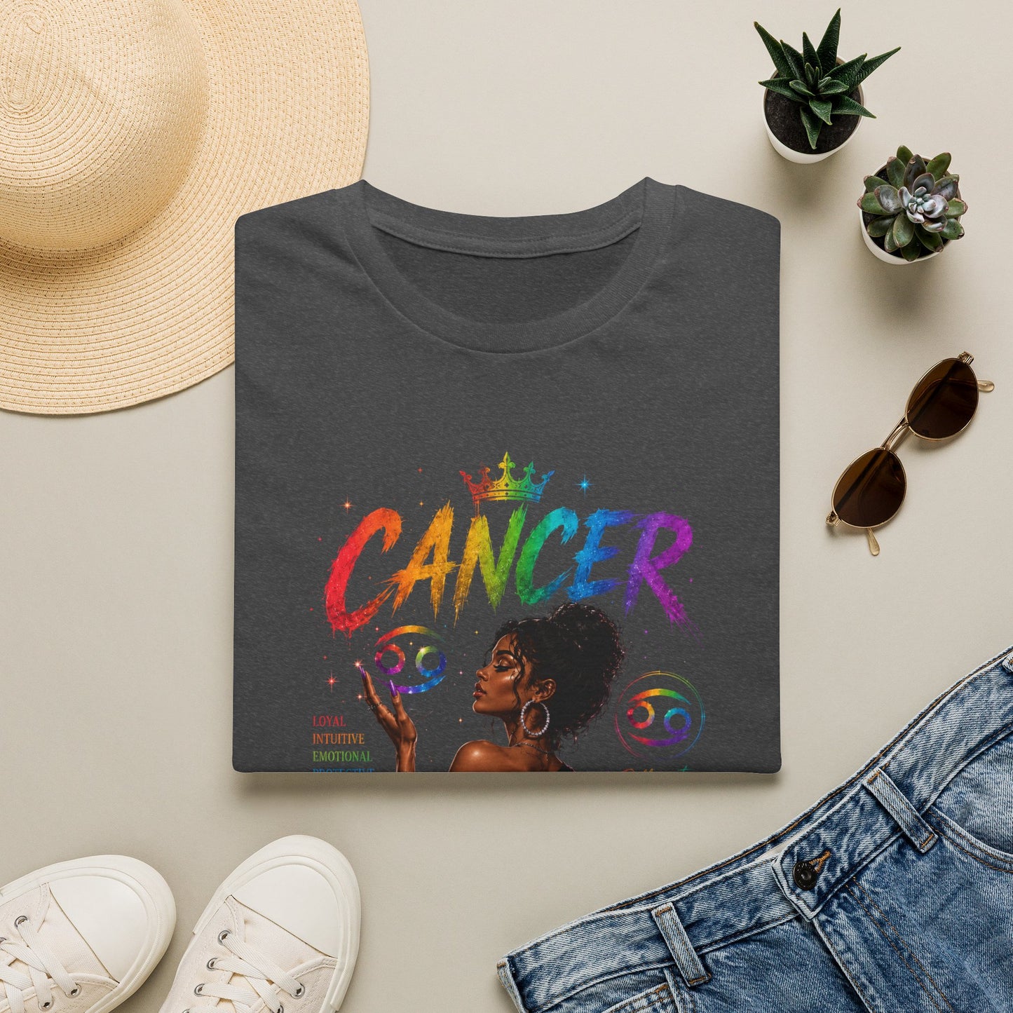 Cancer Zodiac T-Shirt — Rainbow Astrology Sign with Silhouette