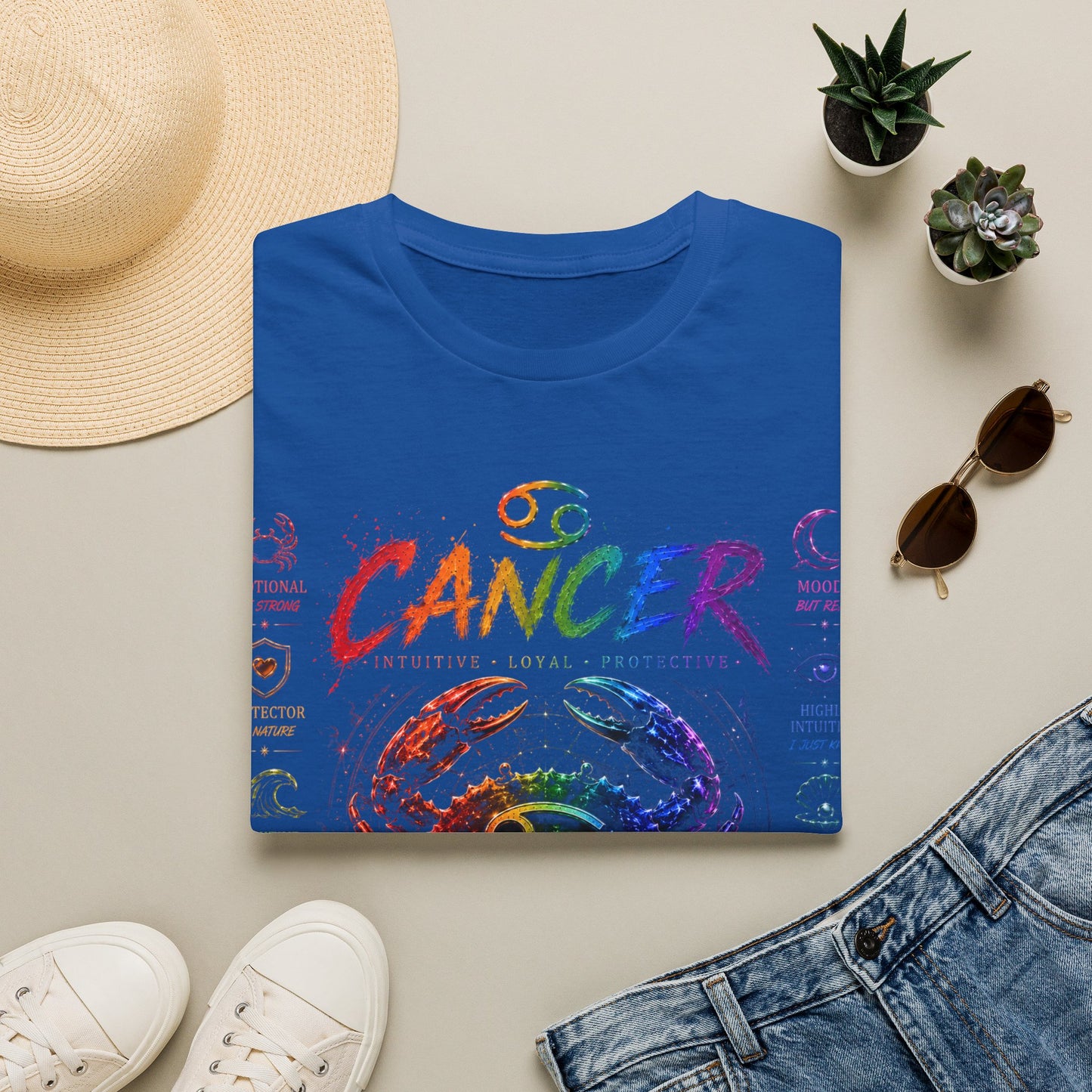 Cancer Zodiac T-Shirt — Rainbow Crab Astrology Tee (Feel Everything • Love Deep • Protect Hard)